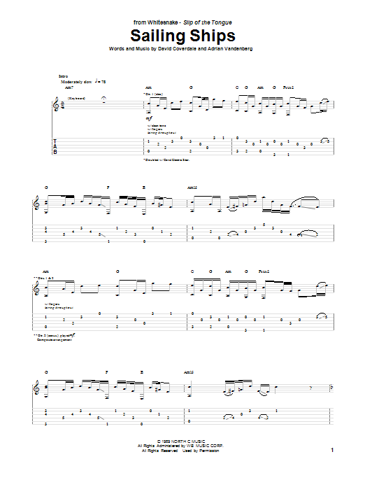 Whitesnake Sailing Ships sheet music notes and chords. Download Printable PDF.