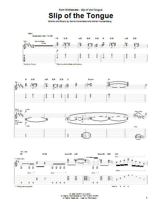 Whitesnake Slip Of The Tongue sheet music notes and chords. Download Printable PDF.