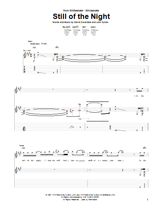 Whitesnake Still Of The Night sheet music notes and chords. Download Printable PDF.