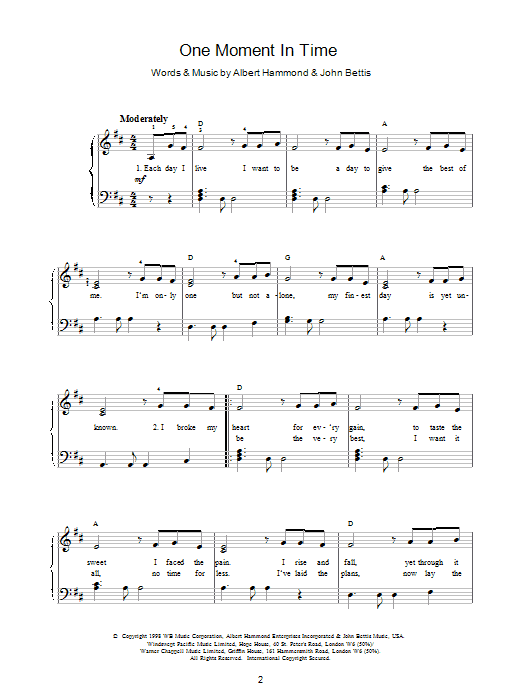 Whitney Houston One Moment In Time sheet music notes and chords. Download Printable PDF.