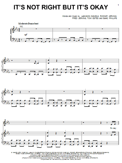 Learn to play Whitney Houston It's Not Right But It's Okay sheet music for Piano, Vocal & Guitar (Right-Hand Melody) in minutes. Whitney Houston It's Not Right But It's Okay sheet music notes and chords. Download Printable PDF.