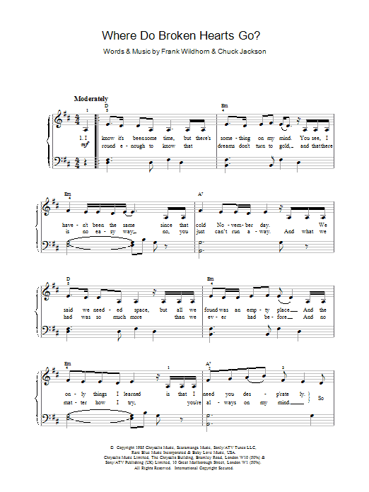 Whitney Houston Where Do Broken Hearts Go Sheet Music Pdf Notes Chords Pop Score Piano Vocal Guitar Right Hand Melody Download Printable Sku 15826
