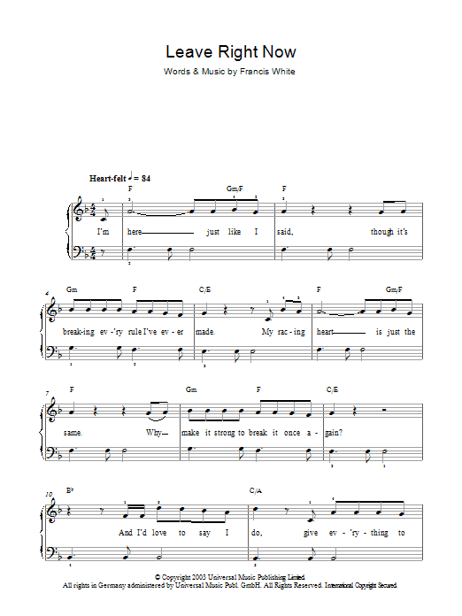 Will Young Leave Right Now sheet music notes and chords. Download Printable PDF.