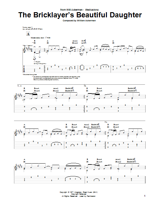 Learn to play Will Ackerman The Bricklayer's Beautiful Daughter sheet music for Guitar Tab in minutes. Will Ackerman The Bricklayer's Beautiful Daughter sheet music notes and chords. Download Printable PDF.