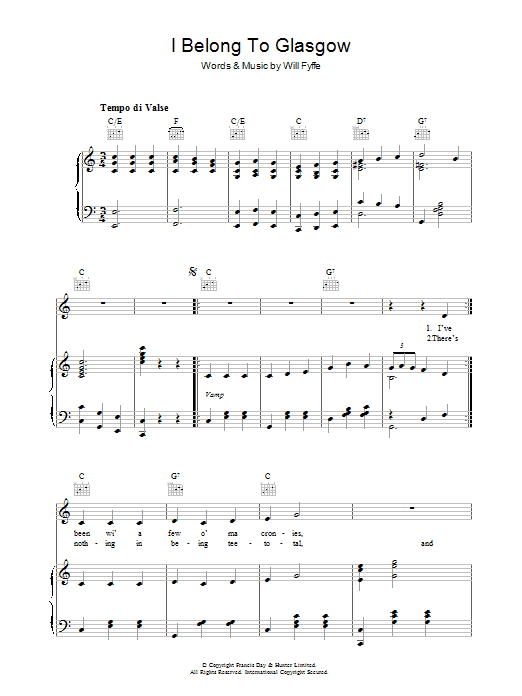 Learn to play Will Fyfee I Belong To Glasgow sheet music for Piano, Vocal & Guitar (Right-Hand Melody) in minutes. Will Fyfee I Belong To Glasgow sheet music notes and chords. Download Printable PDF.