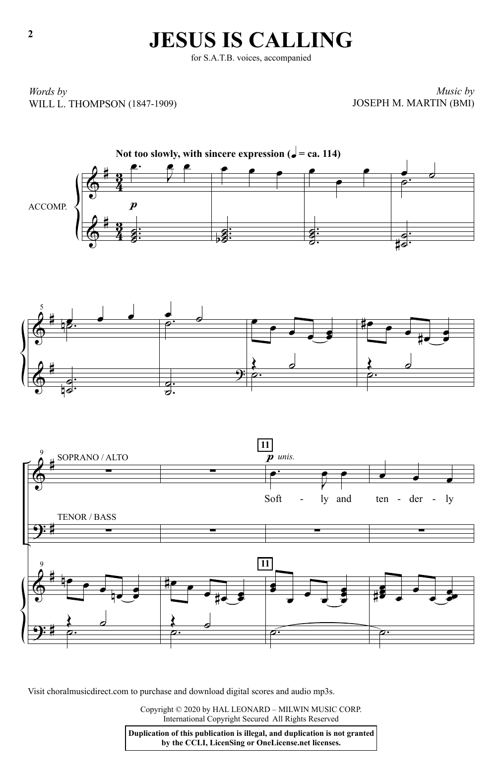 Learn to play Will L. Thompson and Joseph M. Martin Jesus Is Calling sheet music for SATB Choir in minutes. Price: 3.9900$ Will L. Thompson and Joseph M. Martin Jesus Is Calling sheet music notes and chords arranged for SATB Choir