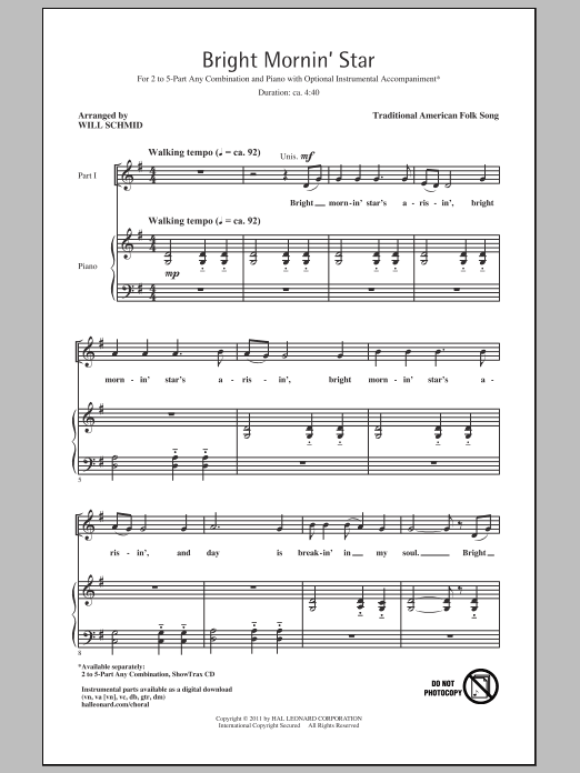 Learn to play Will Schmid Bright Mornin' Star sheet music for 2-Part Choir in minutes. Price: 3.9900$ Will Schmid Bright Mornin' Star sheet music notes and chords arranged for 2-Part Choir