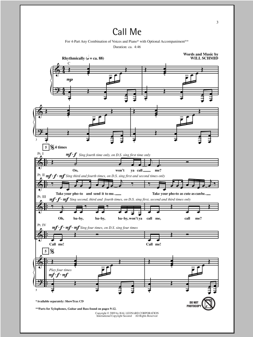 Will Schmid Call Me sheet music notes and chords. Download Printable PDF.