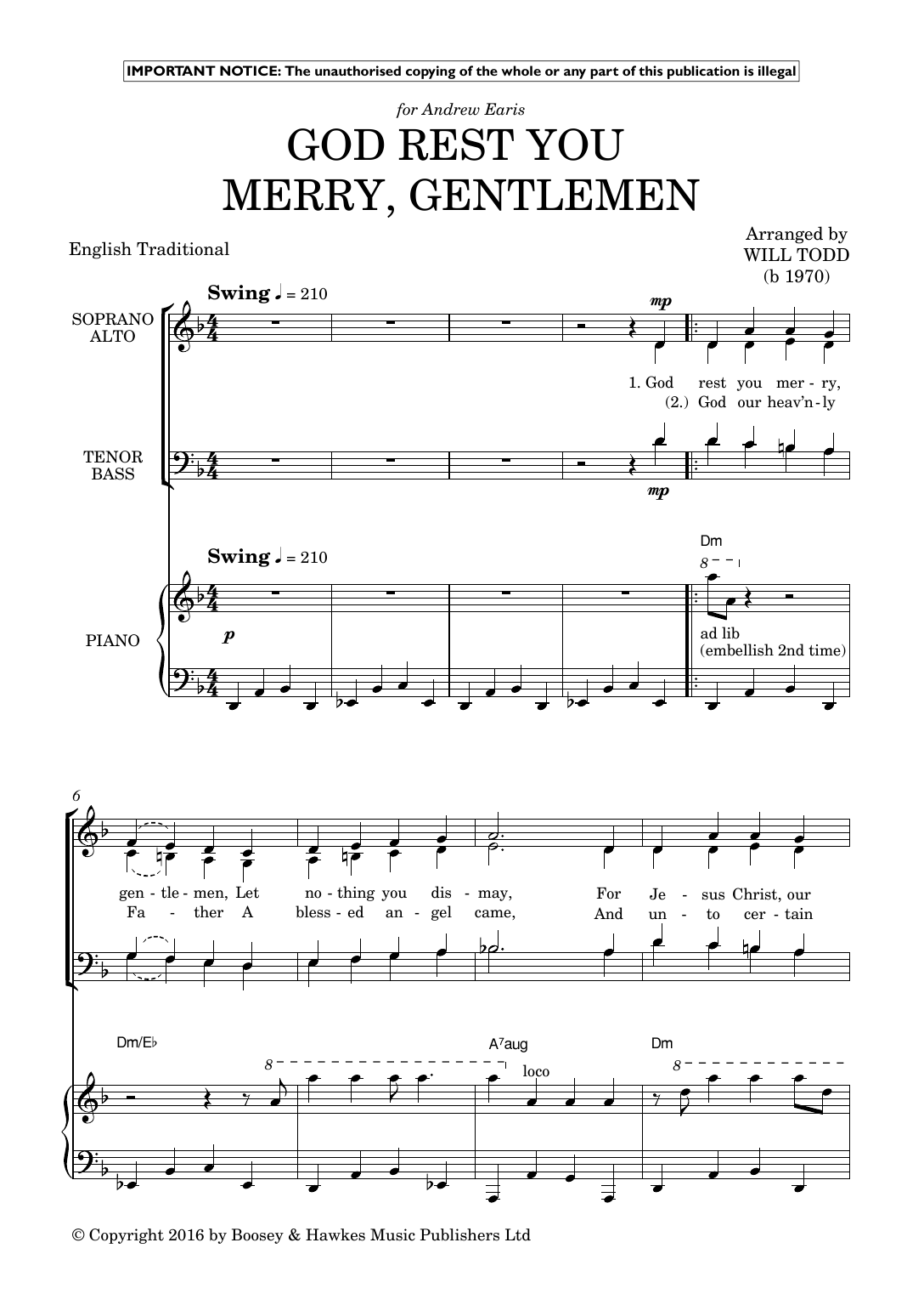 Learn to play Will Todd Two Extra Jazz Carols sheet music for SATB Choir in minutes. Price: 6.9900$ Will Todd Two Extra Jazz Carols sheet music notes and chords arranged for SATB Choir
