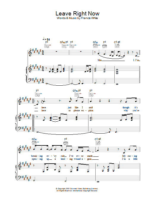 Will Young Leave Right Now sheet music notes and chords. Download Printable PDF.