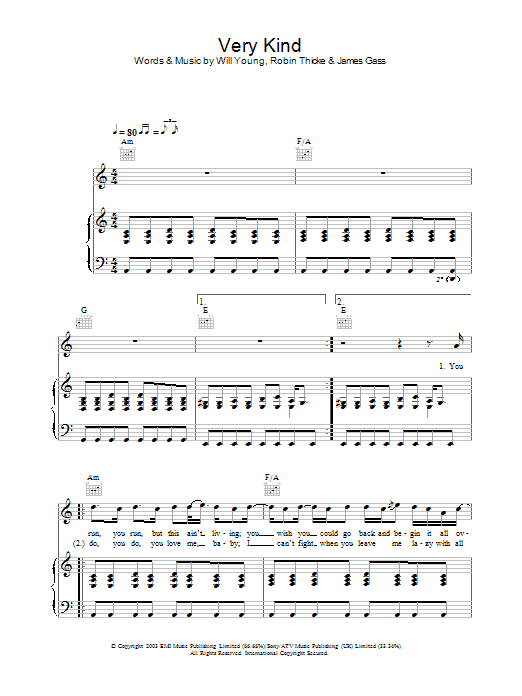 Will Young Very Kind sheet music notes and chords. Download Printable PDF.