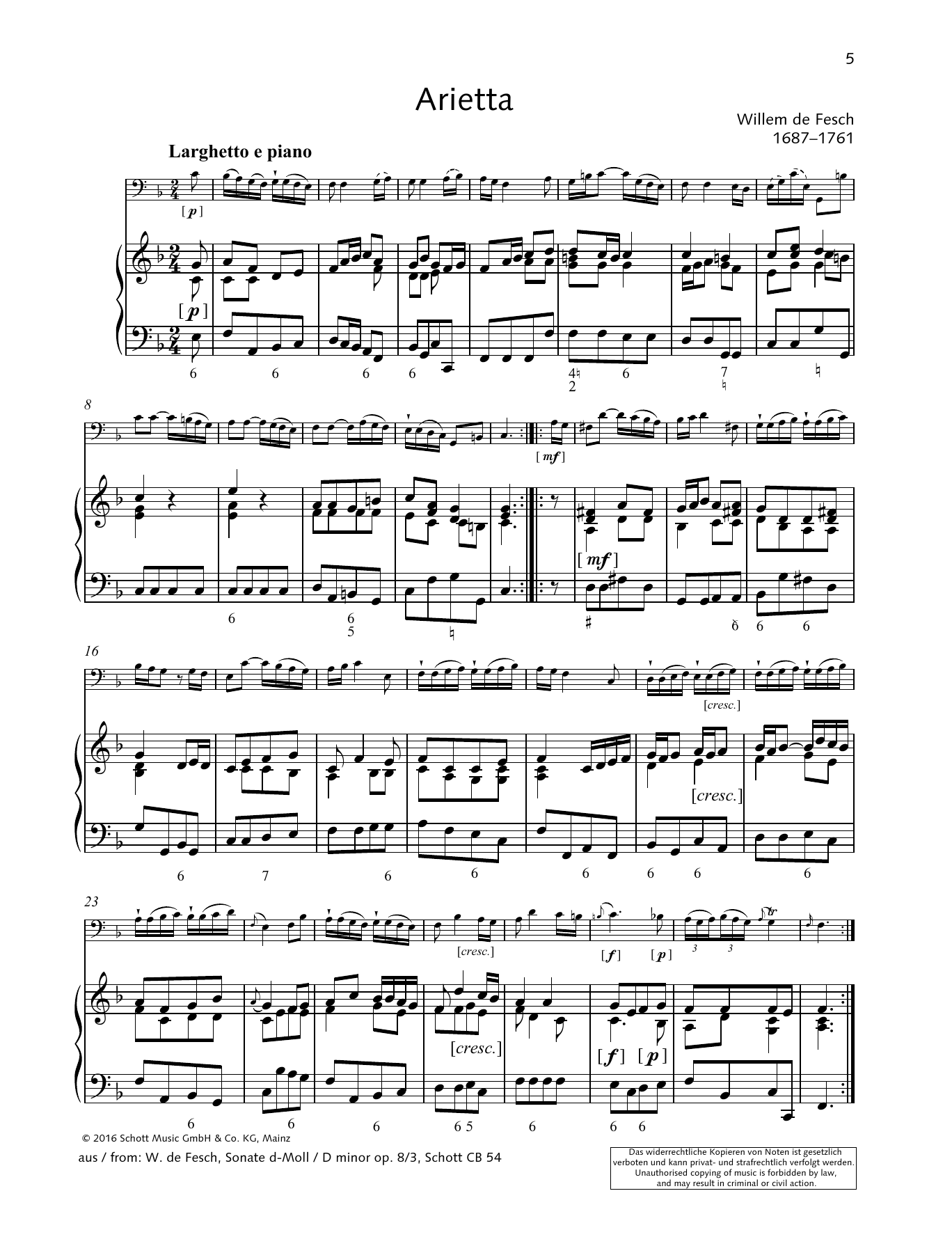 Willem de Fesch Arietta sheet music notes and chords. Download Printable PDF.