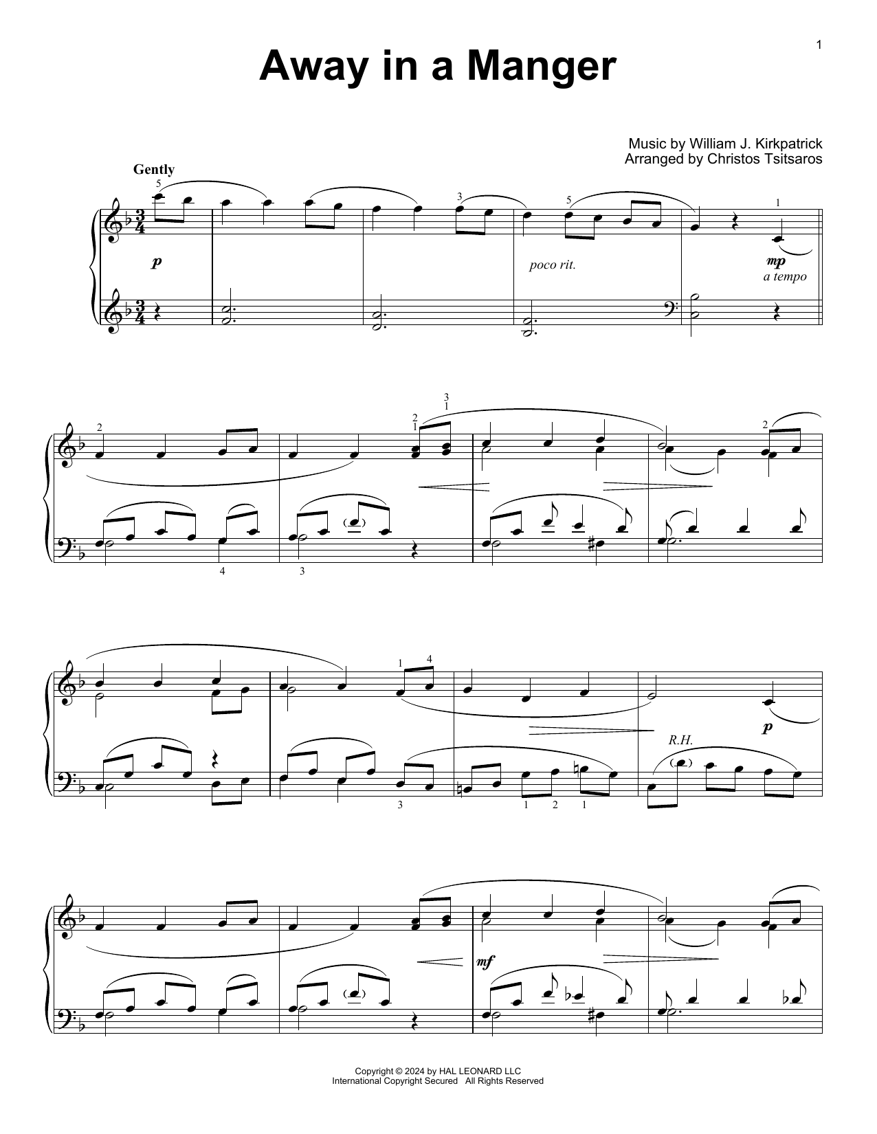 William J. Kirkpatrick Away In A Manger (arr. Christos Tsitsaros) sheet music notes and chords. Download Printable PDF.