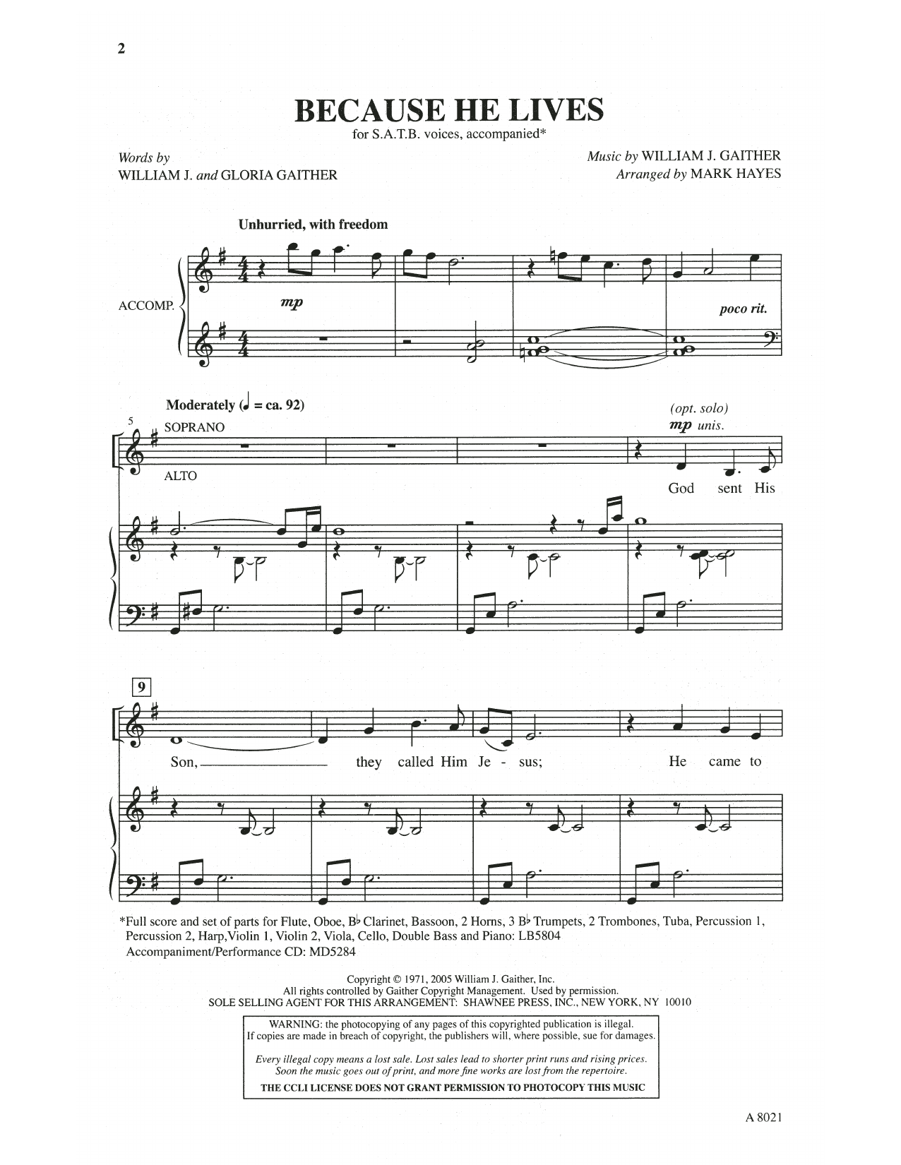 William & Gloria Gaither "Because He Lives" Sheet Music for SATB Choir