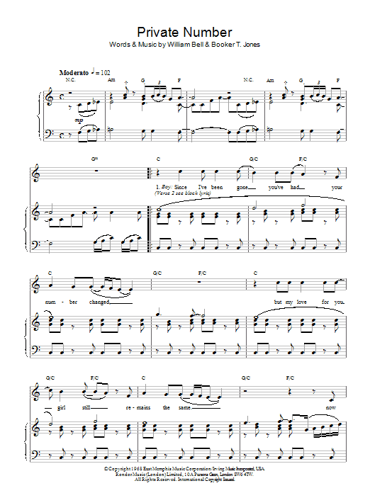 Learn to play William Bell & Judy Clay Private Number sheet music for Piano, Vocal & Guitar in minutes. William Bell & Judy Clay Private Number sheet music notes and chords. Download Printable PDF.