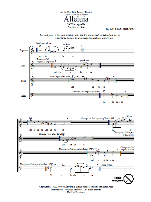 William Bolcom Alleluia sheet music notes and chords. Download Printable PDF.