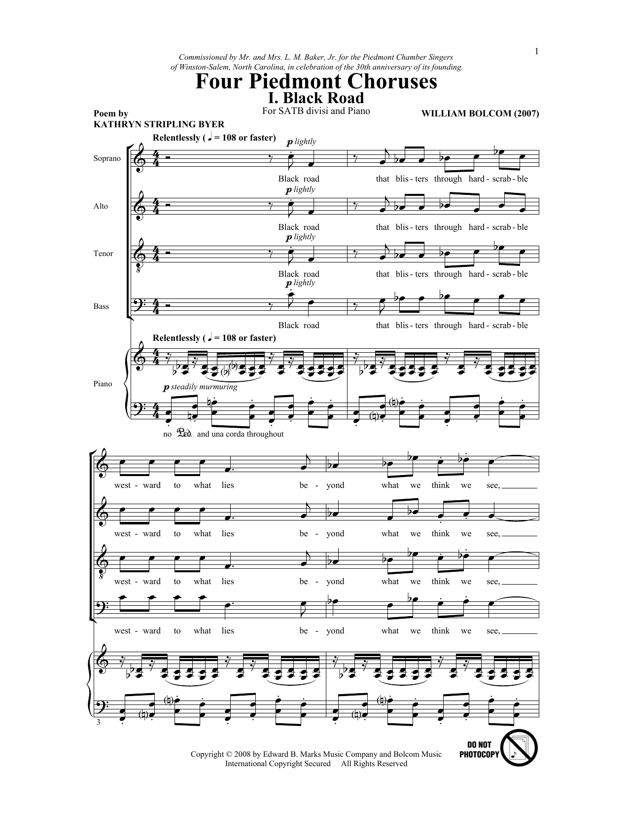 Learn to play William Bolcom Four Piedmont Choruses sheet music for SATB Choir in minutes. Price: 6.4900$ William Bolcom Four Piedmont Choruses sheet music notes and chords arranged for SATB Choir