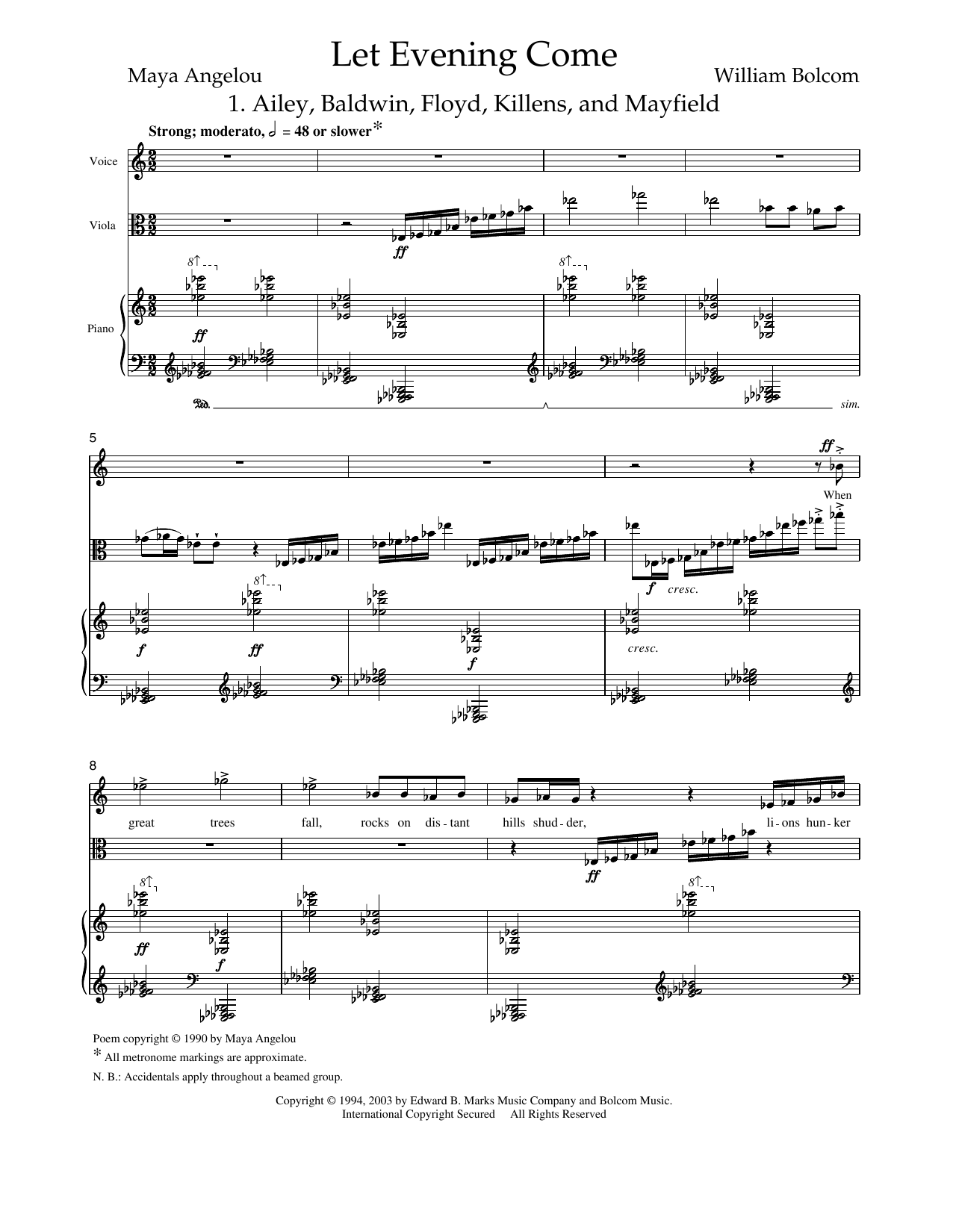 Learn to play William Bolcom Let Evening Come (for soprano, viola and piano) sheet music for Piano & Vocal in minutes. Price: 21.9700$ William Bolcom Let Evening Come (for soprano, viola and piano) sheet music notes and chords arranged for Piano & Vocal