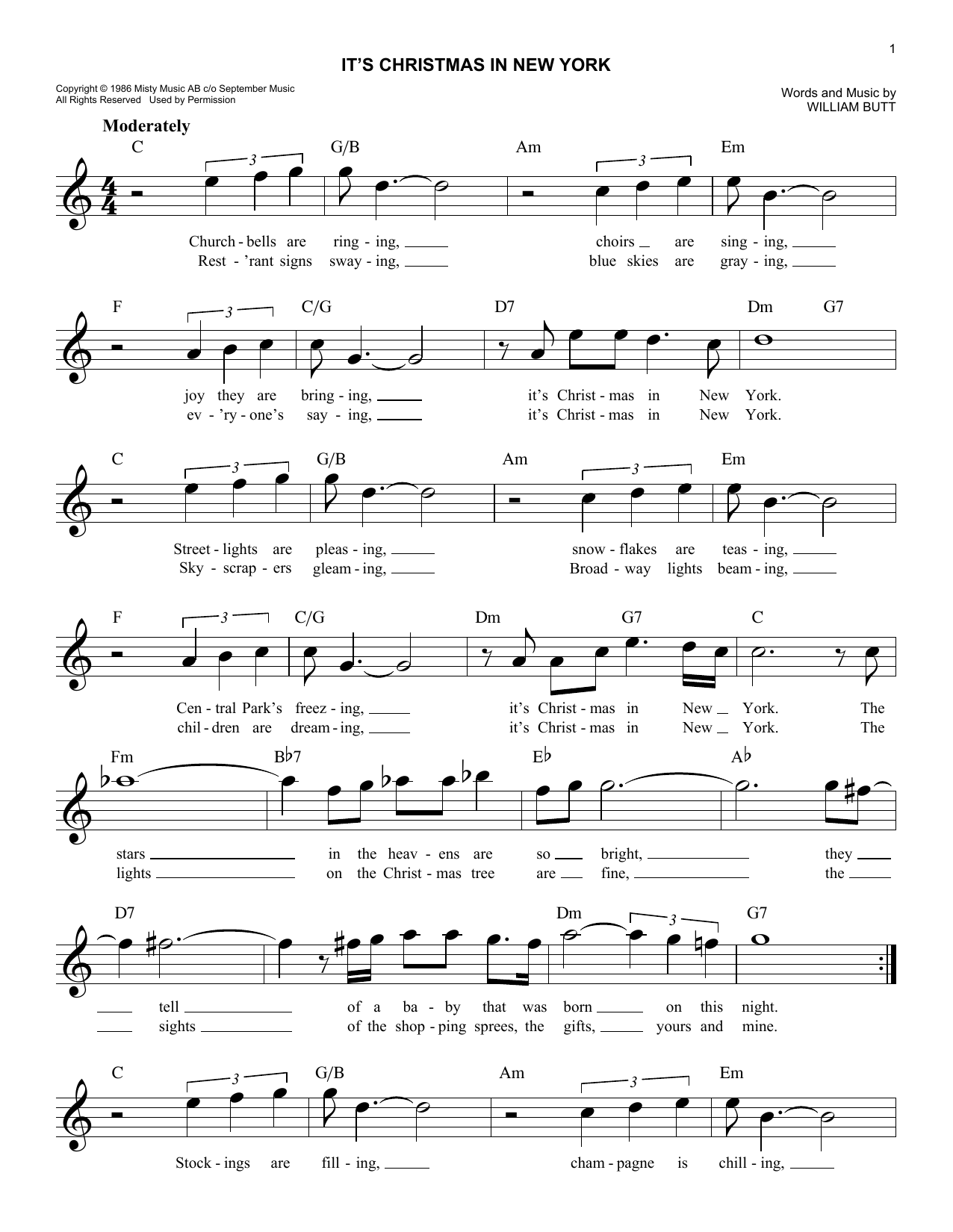 Learn to play William Butt It's Christmas In New York sheet music for Lead Sheet / Fake Book in minutes. Price: 5.9900$ William Butt It's Christmas In New York sheet music notes and chords arranged for Lead Sheet / Fake Book