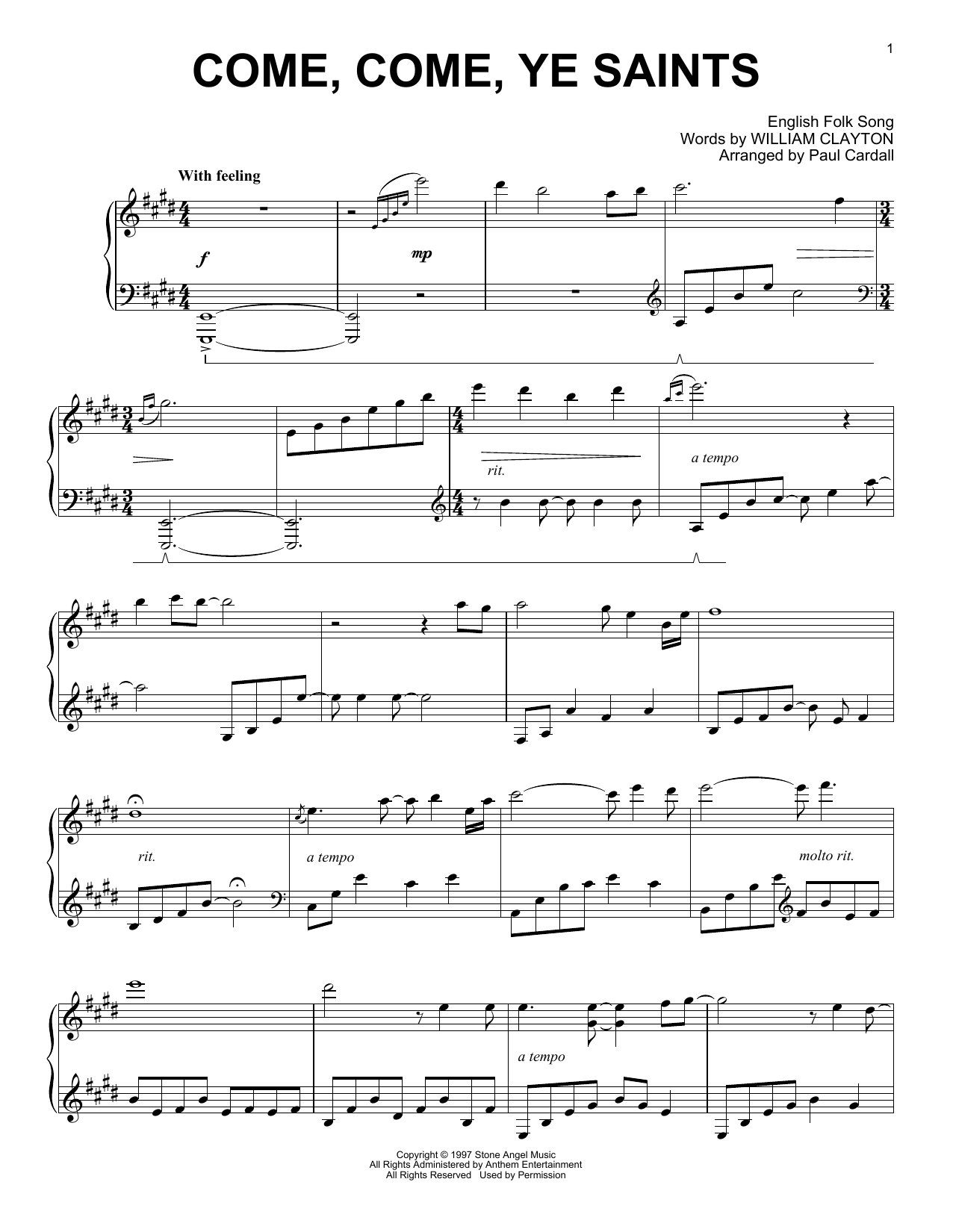 William Clayton Come Come Ye Saints Arr Paul Cardall Sheet