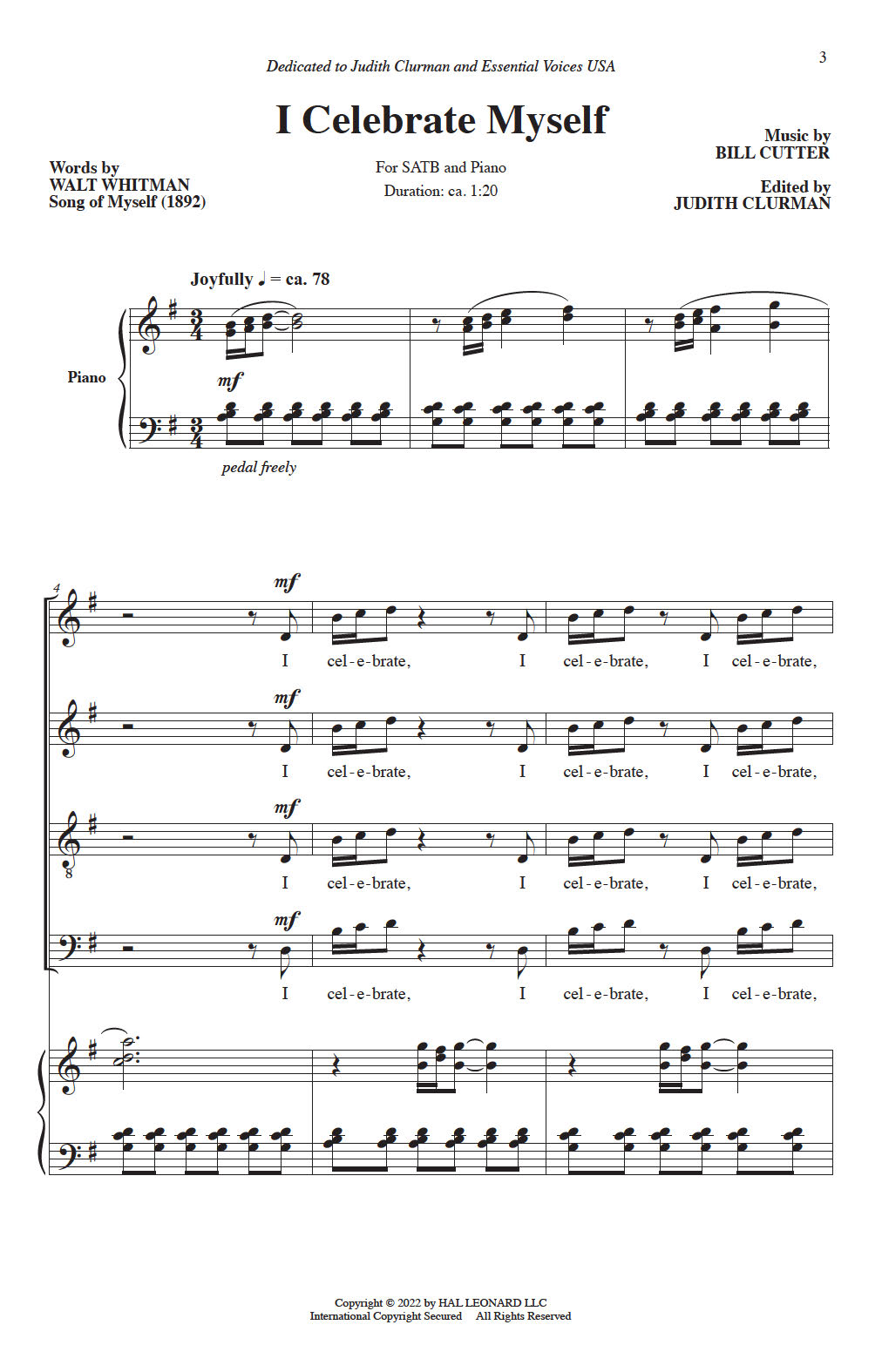 William Cutter I Celebrate Myself sheet music notes and chords. Download Printable PDF.