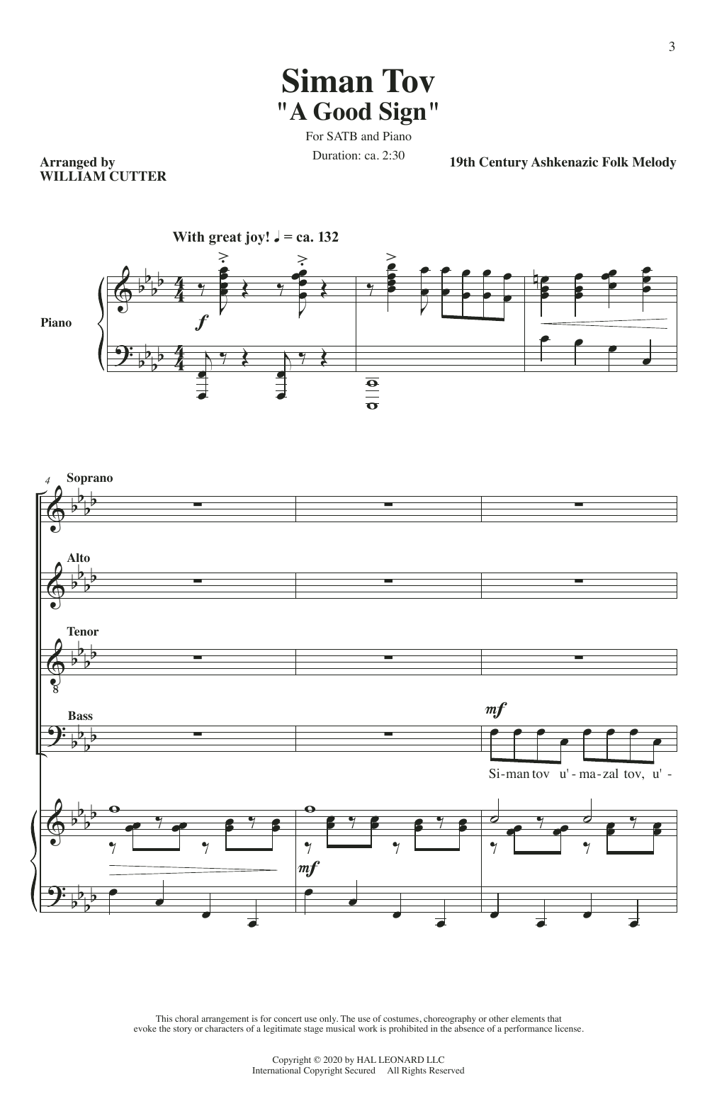 Learn to play William Cutter Siman Tov (A Good Sign) sheet music for SATB Choir in minutes. Price: 3.9900$ William Cutter Siman Tov (A Good Sign) sheet music notes and chords arranged for SATB Choir