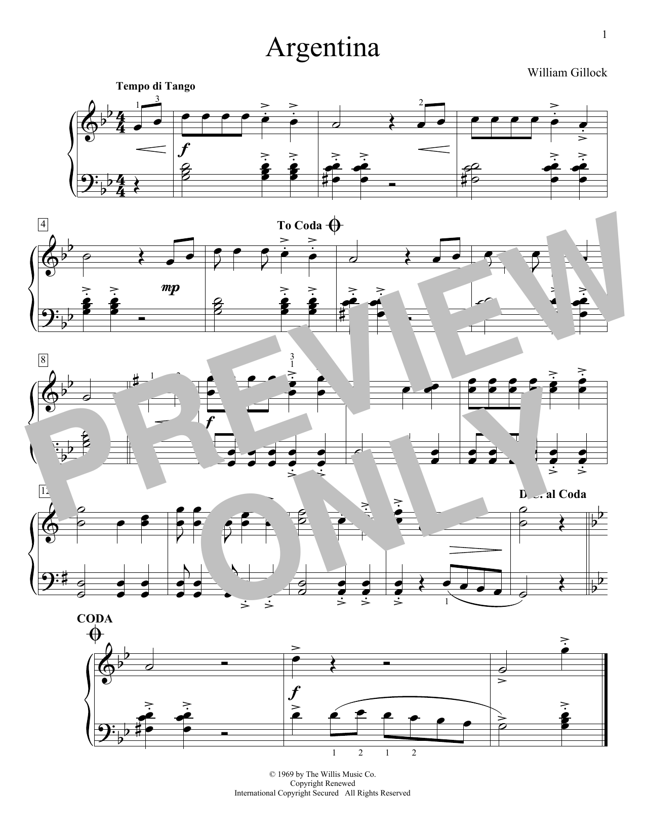 William Gillock Argentina sheet music notes and chords. Download Printable PDF.