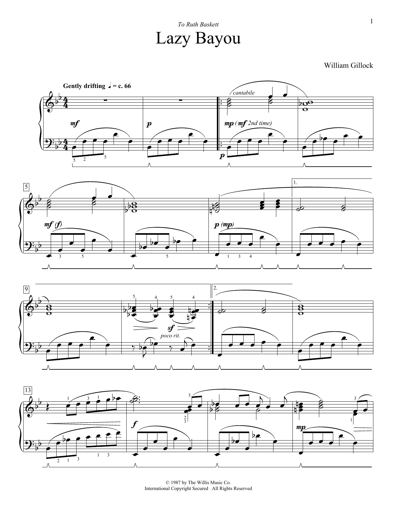 William Gillock Lazy Bayou sheet music notes and chords. Download Printable PDF.