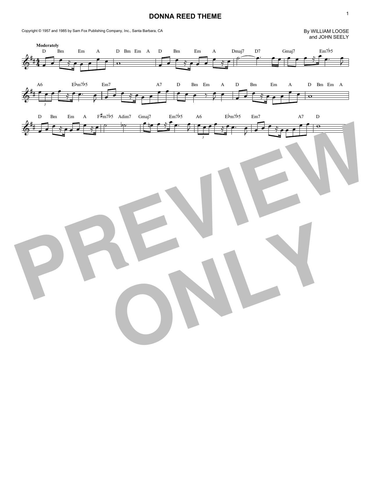 William Loose Donna Reed Theme sheet music notes and chords. Download Printable PDF.