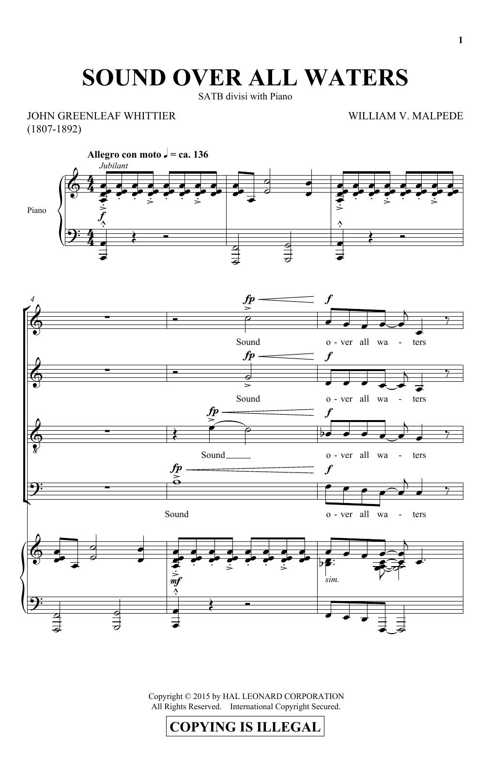 Learn to play William V. Malpede Sound Over All Waters sheet music for SATB Choir in minutes. Price: 3.9900$ William V. Malpede Sound Over All Waters sheet music notes and chords arranged for SATB Choir