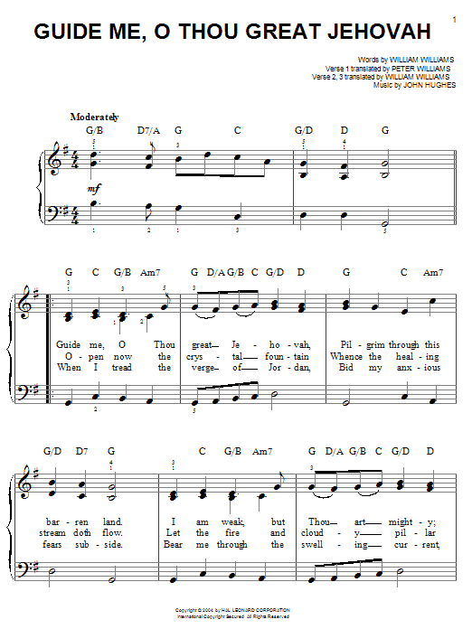 Learn to play William Williams Guide Me, O Thou Great Jehovah sheet music for Easy Piano in minutes. William Williams Guide Me, O Thou Great Jehovah sheet music notes and chords. Download Printable PDF.