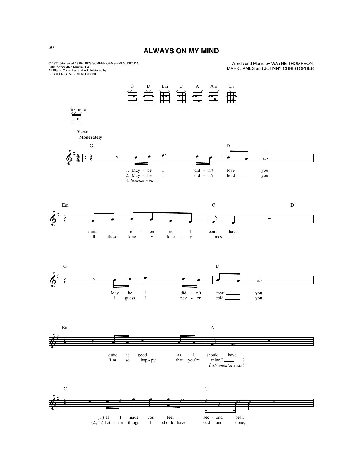 Willie Nelson Always On My Mind sheet music notes and chords. Download Printable PDF.