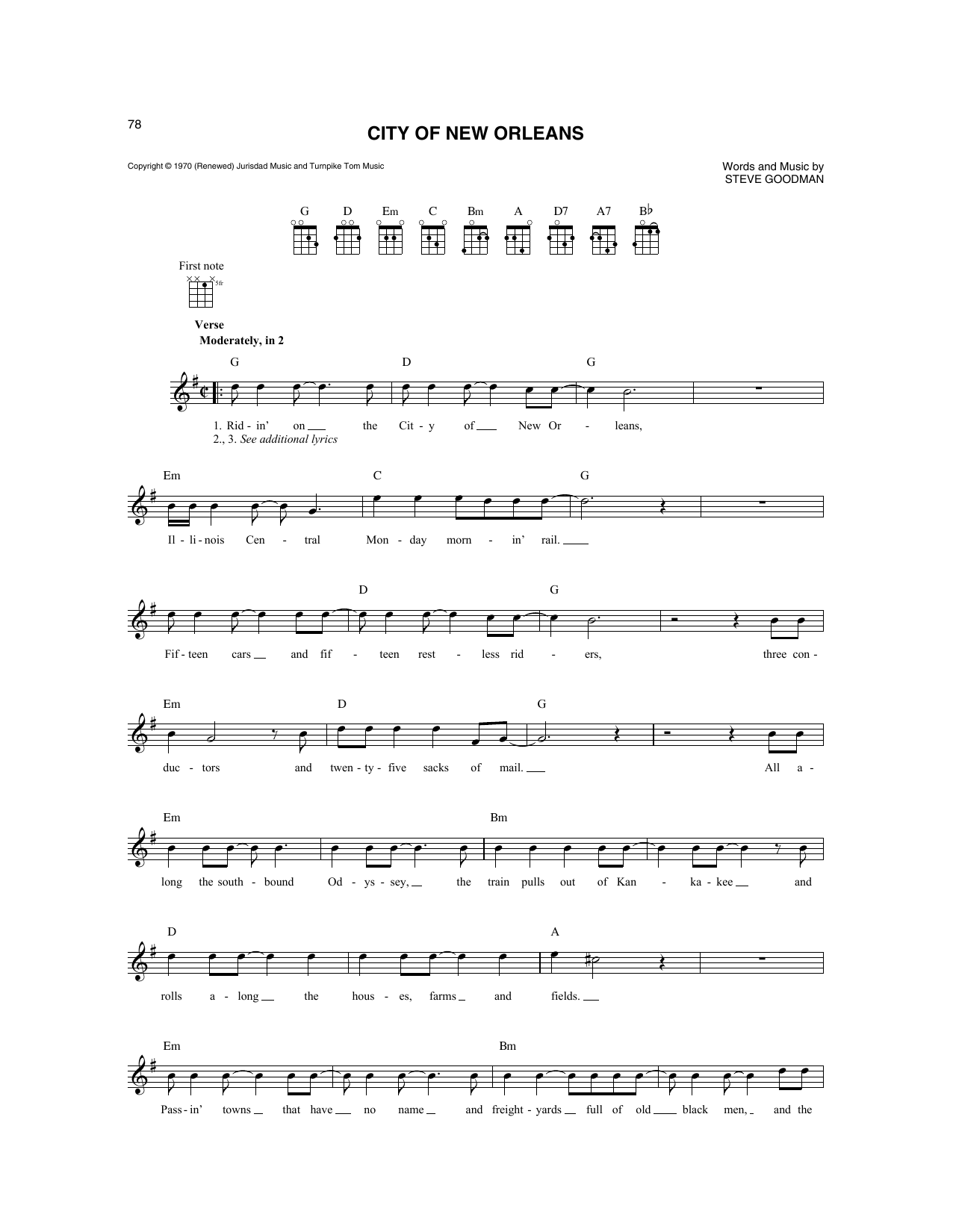 Willie Nelson City Of New Orleans sheet music notes and chords arranged for Mandolin