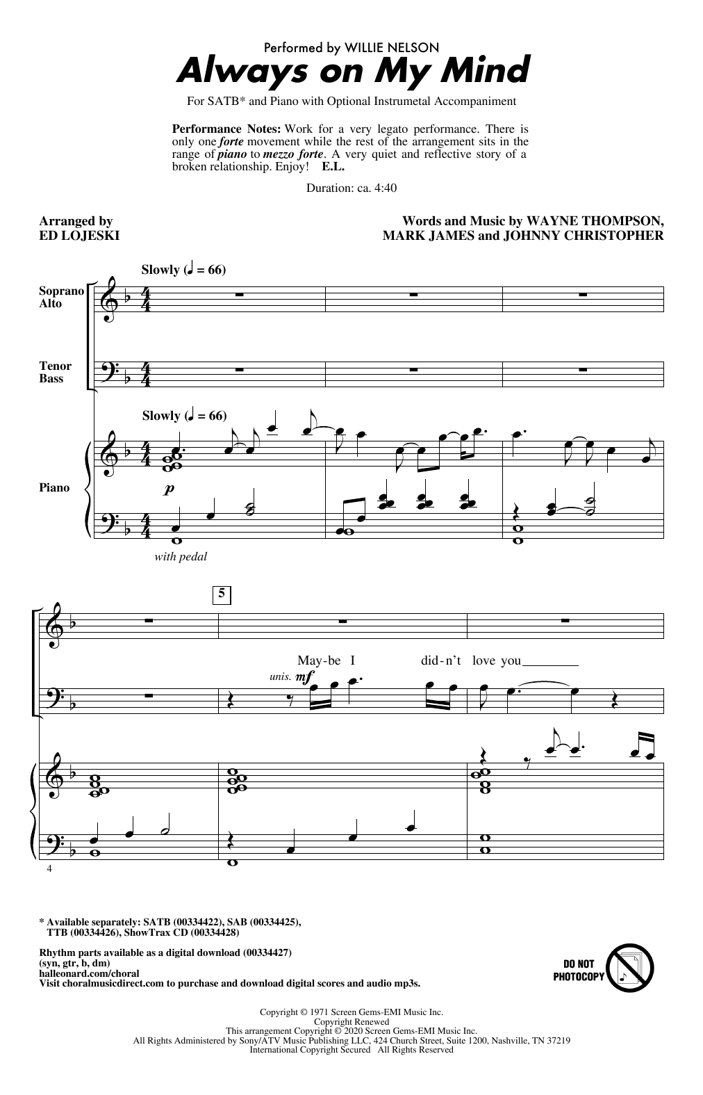 Learn to play Willie Nelson Always On My Mind (arr. Ed Lojeski) sheet music for TTBB Choir in minutes. Price: 3.9900$ Willie Nelson Always On My Mind (arr. Ed Lojeski) sheet music notes and chords arranged for TTBB Choir