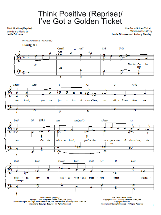 Learn to play Willy Wonka Think Positive (Reprise) sheet music for Easy Piano in minutes. Price: 6.9900$ Willy Wonka Think Positive (Reprise) sheet music notes and chords arranged for Easy Piano