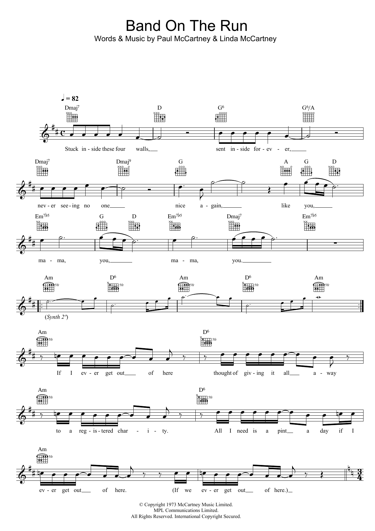 Wings Band On The Run sheet music notes and chords. Download Printable PDF.