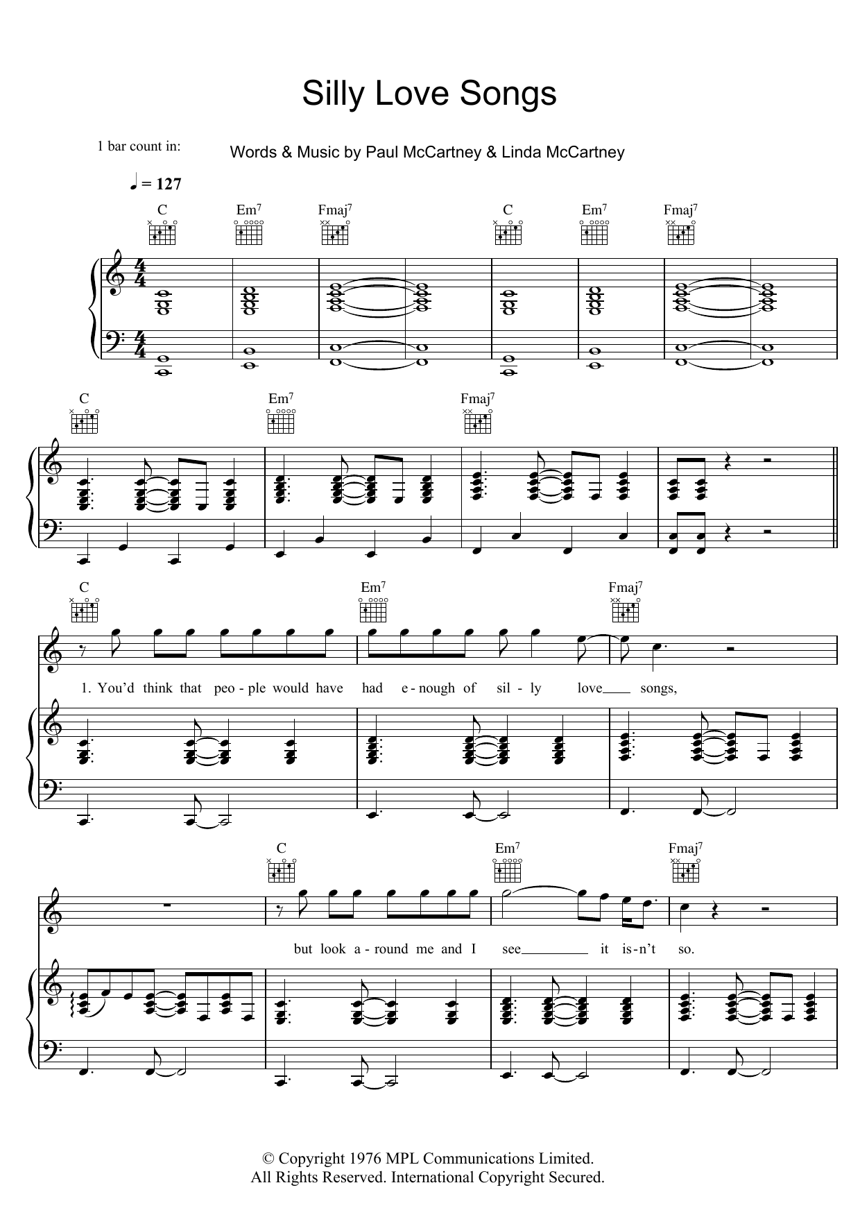 Wings Silly Love Songs sheet music notes and chords. Download Printable PDF.