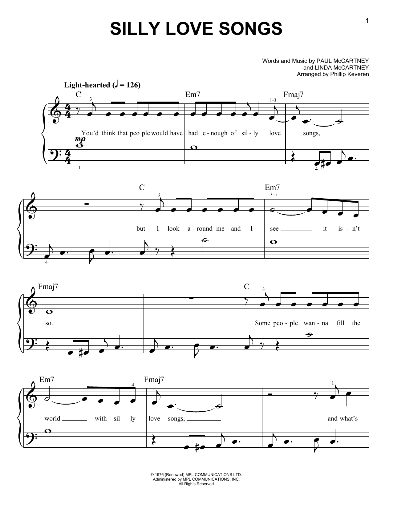Learn to play Phillip Keveren Silly Love Songs sheet music for Easy Piano in minutes. Price: 6.9900$ Phillip Keveren Silly Love Songs sheet music notes and chords arranged for Easy Piano