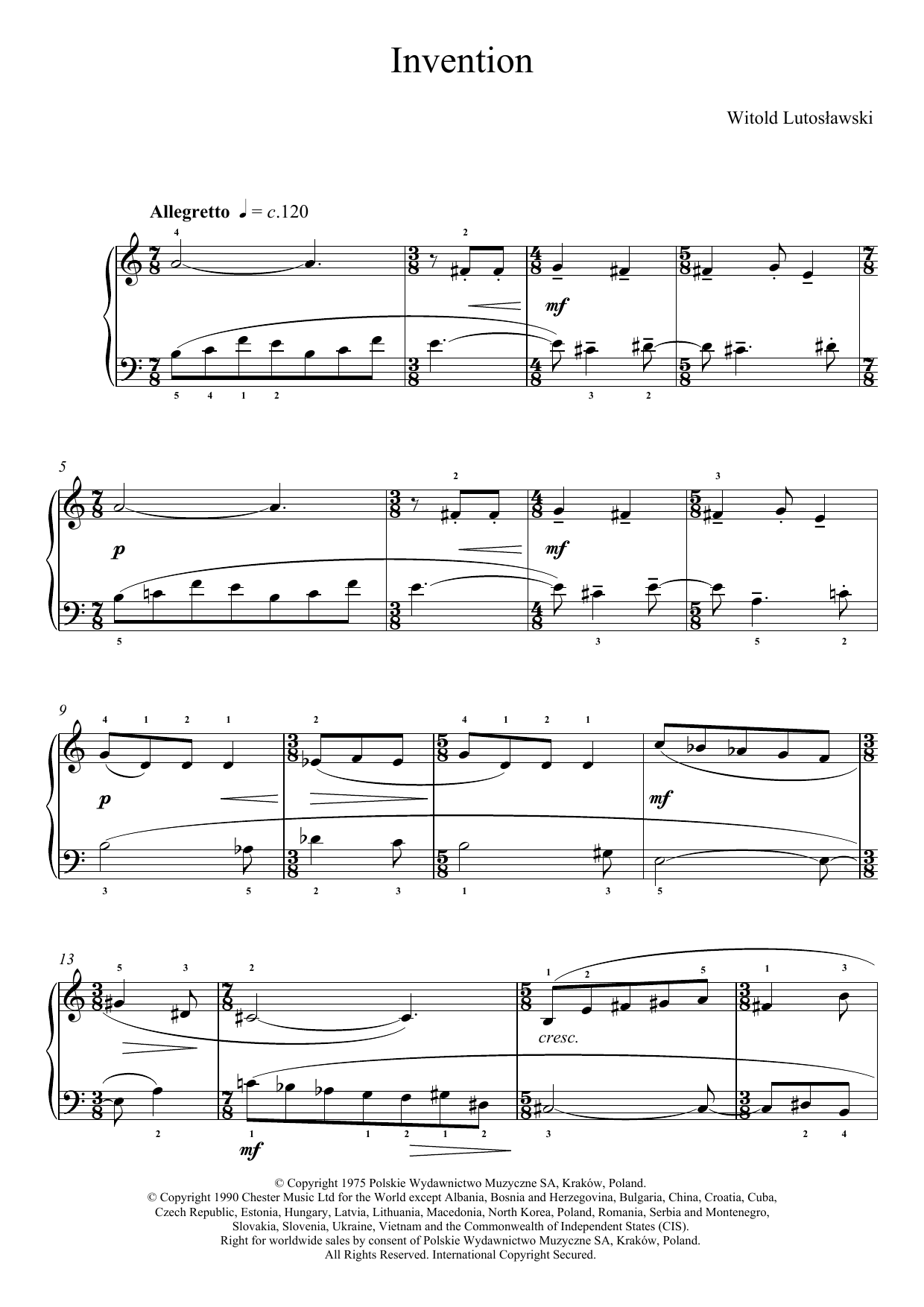 Witold Lutoslawski Invention sheet music notes and chords. Download Printable PDF.