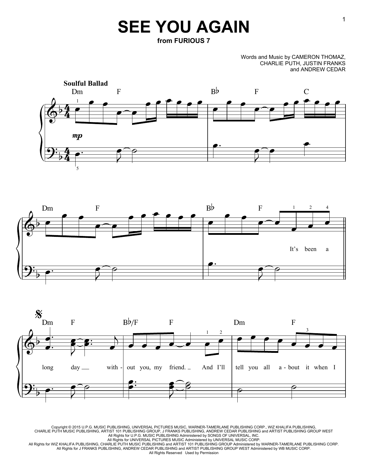 Wiz Khalifa See You Again Feat Charlie Puth Sheet Music Pdf Notes Chords Pop Score Clarinet Solo Download Printable Sku 196497