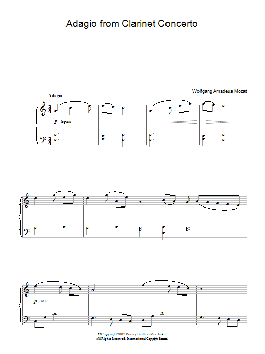 Wolfgang Amadeus Mozart Adagio (from Clarinet Concerto) sheet music notes and chords. Download Printable PDF.