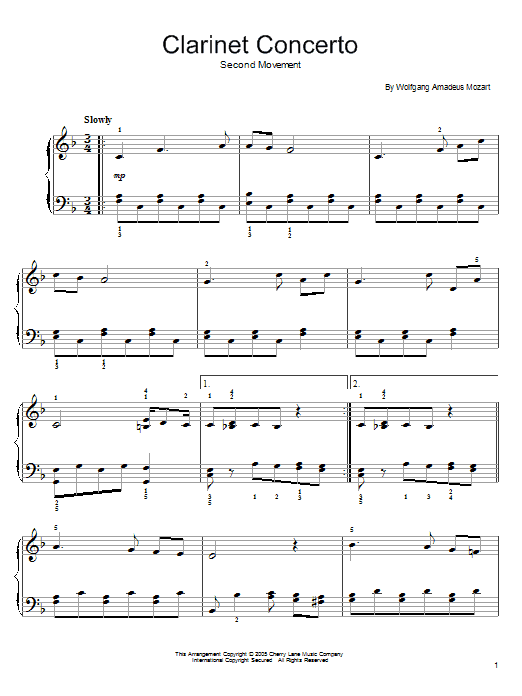 Wolfgang Amadeus Mozart Slow Movement Theme (from Clarinet Concerto K622) sheet music notes and chords. Download Printable PDF.