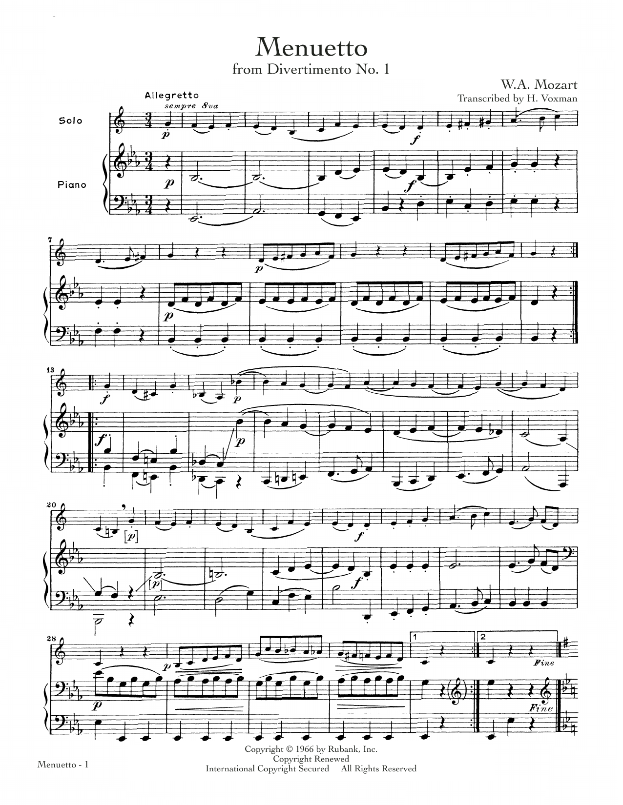 Wolfgang Amadeus Mozart Menuetto sheet music notes and chords. Download Printable PDF.