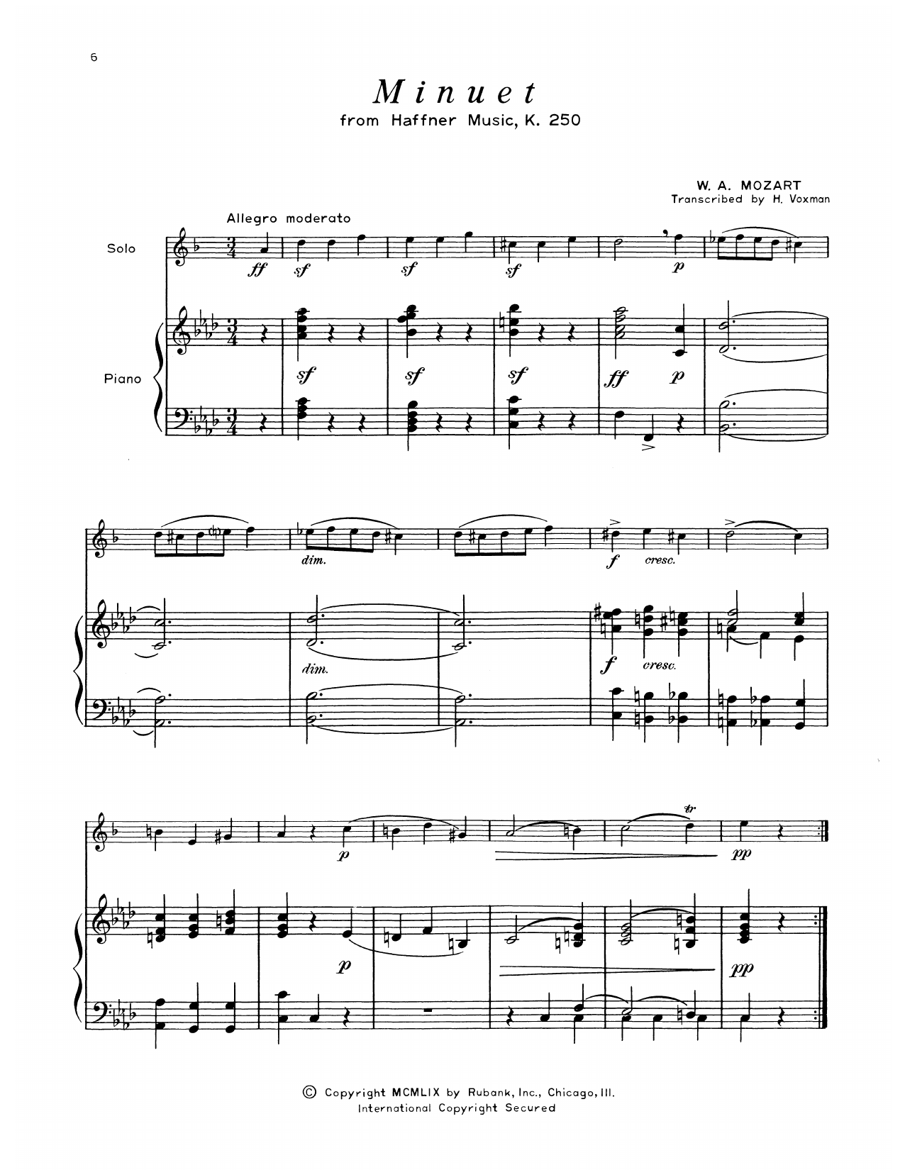 Wolfgang Amadeus Mozart Minuet (from Haffner Music) sheet music notes and chords. Download Printable PDF.