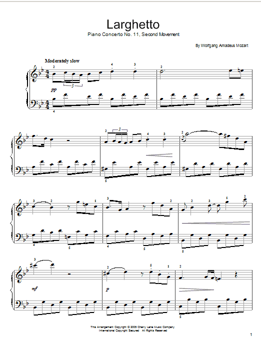 Wolfgang Amadeus Mozart Piano Concerto No.11 (2nd Movement) sheet music notes and chords. Download Printable PDF.