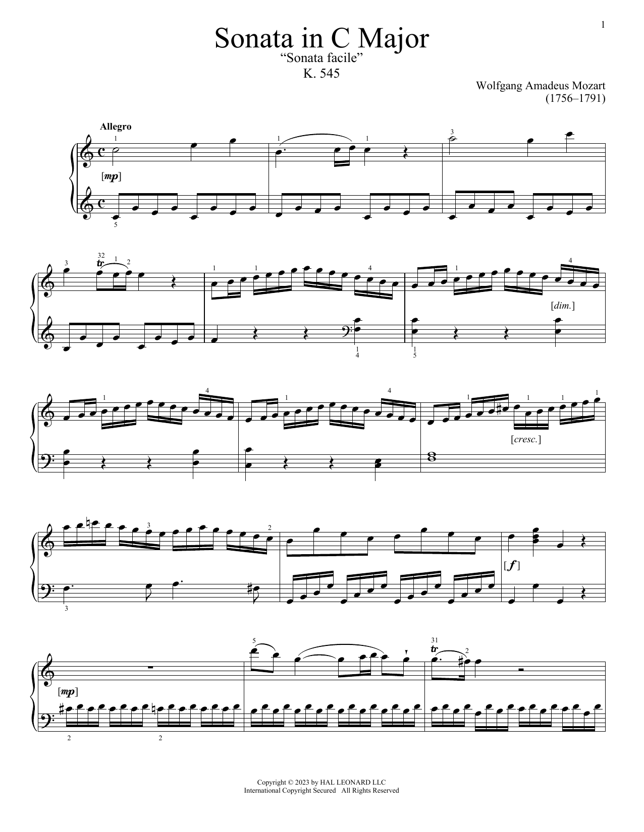 Wolfgang Amadeus Mozart Sonata In C Major, K. 545 sheet music notes and chords. Download Printable PDF.