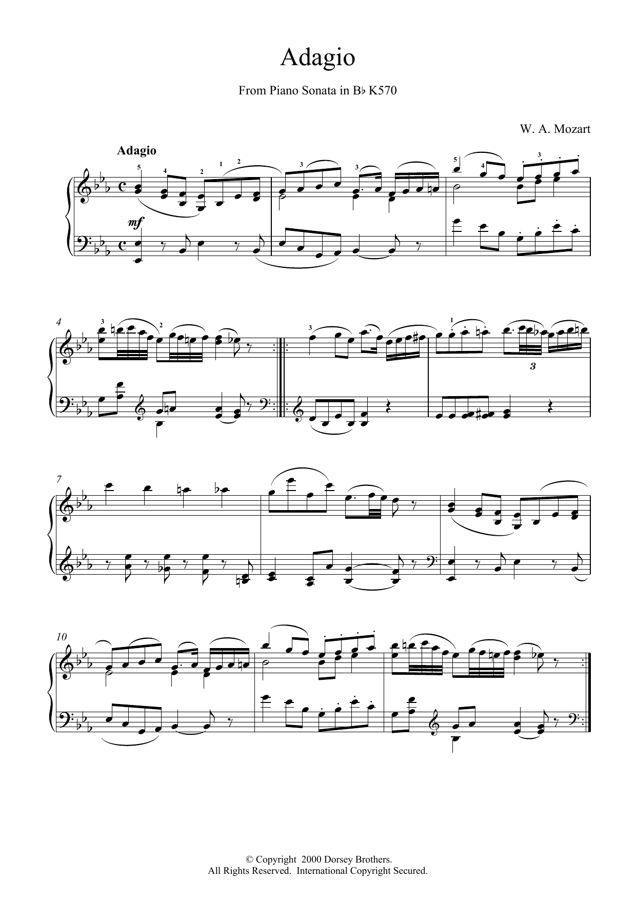 Wolfgang Amadeus Mozart Adagio from Piano Sonata in Bb, K570 sheet music notes and chords. Download Printable PDF.