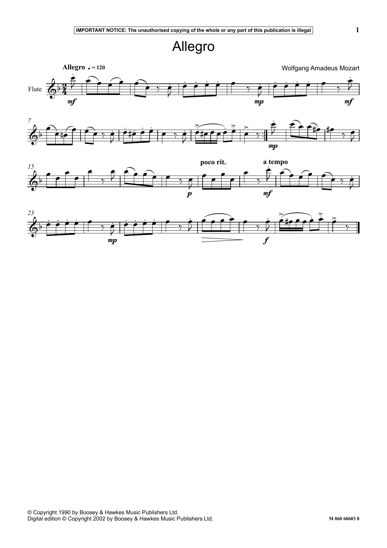 Wolfgang Amadeus Mozart Allegro sheet music notes and chords. Download Printable PDF.