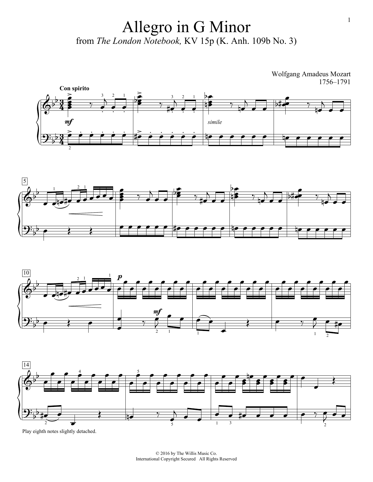 Learn to play Wolfgang Amadeus Mozart Allegro In G Minor sheet music for Educational Piano in minutes. Wolfgang Amadeus Mozart Allegro In G Minor sheet music notes and chords. Download Printable PDF.