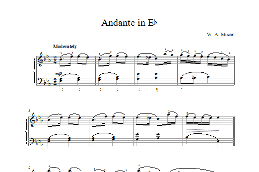 Wolfgang Amadeus Mozart Andante in E Flat sheet music for Piano Solo in minutes. Price: 7.8900$ Wolfgang Amadeus Mozart Andante in E Flat sheet music notes and chords. Download Printable PDF.